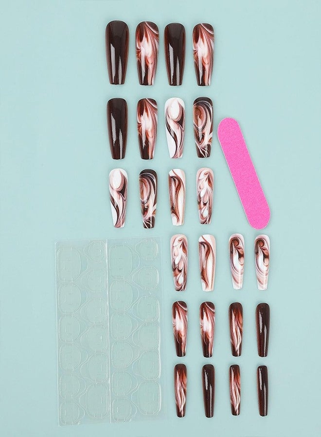 HJKDSFD Brown Marble Press On Nails Medium Length Fake Nails Coffin Shaped Glue On Nails With Coffee Designs Glossy Acrylic Artificial Nail Reusable False Nails For Women Girls 24pcs - Image 4